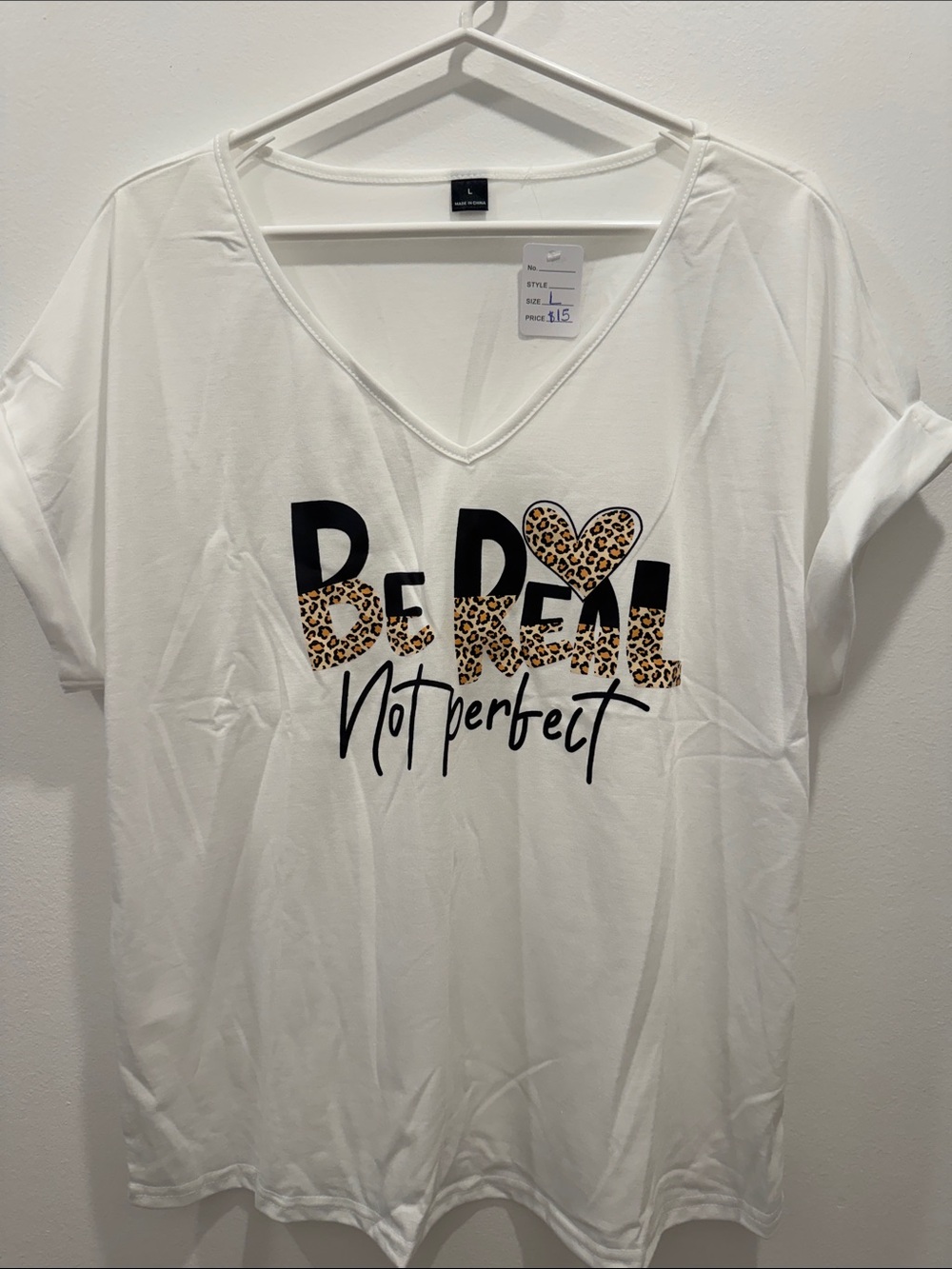 Women's Be Real V-Neck Tee - White with Leopard Print